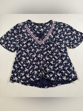 Lucky Brand Navy Blue Floral Top Button Front V-Neck Cottagecore Blouse Small